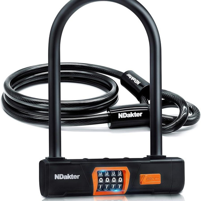 NDakter Bike Locks Heavy Duty Anti Theft, Combo Bike U Lock, 4-Digit Resettable Combination Bicycle Lock, Large U Shaped Ebike Lock with 5Ft Steel Cable for Electric Bike, Escooter, Motorcycle,Door