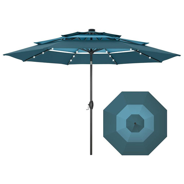PHI VILLA 10ft Patio Umbrella with Solar Lights, Outdoor 3 Tier Vented Large Market Table Umbrella with 8 Sturdy Ribs and 1.5" Umbrellla Pole for Lawn Poolside Garden Terrace, Peacock Blue & Cerulean