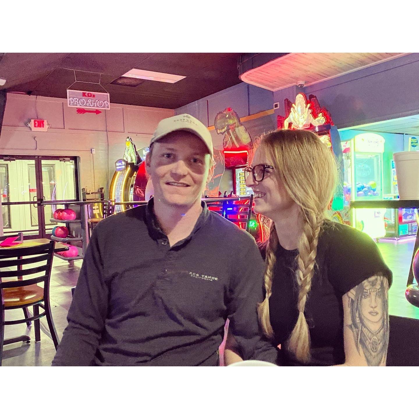 Our first picture together. He kicked my butt in bowling.