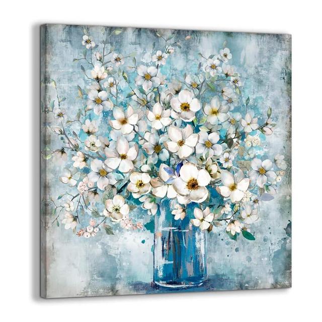 Bathroom Decor Canvas Wall Art Framed Wall Decoration Modern Gallery Wall Decor Print White Flower in Blue Bottle Theme Picture Artwork for Walls Ready to Hang for Kitchen Bedroom Decor Size 30x30