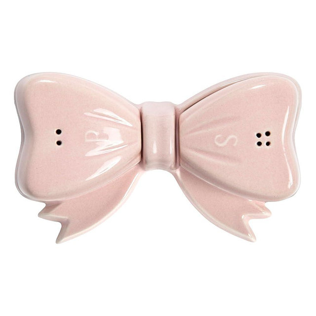 Paris Hilton 3-Piece Bow Shaped Salt and Pepper Shaker Set, Iconic Ceramic Stoneware With Matching Tray, Pink