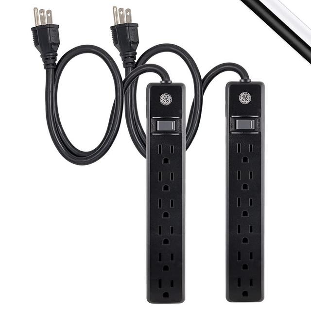 GE 6-Outlet Power Strip 2 Pack 2 Ft. Power Cord Switched Power Strip Integrated Circuit Breaker Overload Protection Wall Mountable 3 Prong UL Listed Black 44180