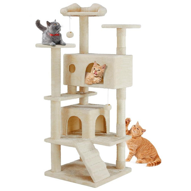 Sweetcrispy 54-Inch Cat Tree Tower – Multi-Level with Sisal Scratching Post, Perfect Pet Gift, Indoor Condo with Climbing Ladder, Plush Toy, and More Animal Stuff, Beige