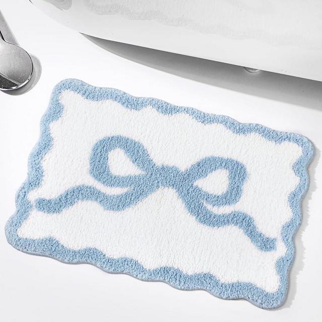Tinideya Scalloped Bow Bathroom Mat Non Slip Coquette Bow Rug Cute Aesthetic Scallop Carpet Preppy Room Decor Microfiber Absorbent Bath Rug for Bathroom Bathtub Shower Bedroom(Blue,16" X 24")