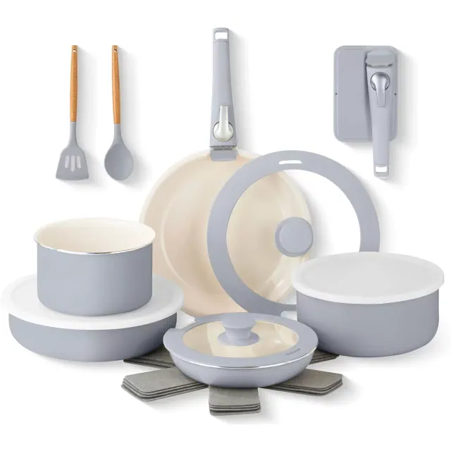Gotham Steel Nonstick Pots and Pans 18 Piece Ceramic Induction Cookware Kitchen Set Detachable Handles Frying Skillet Gray
