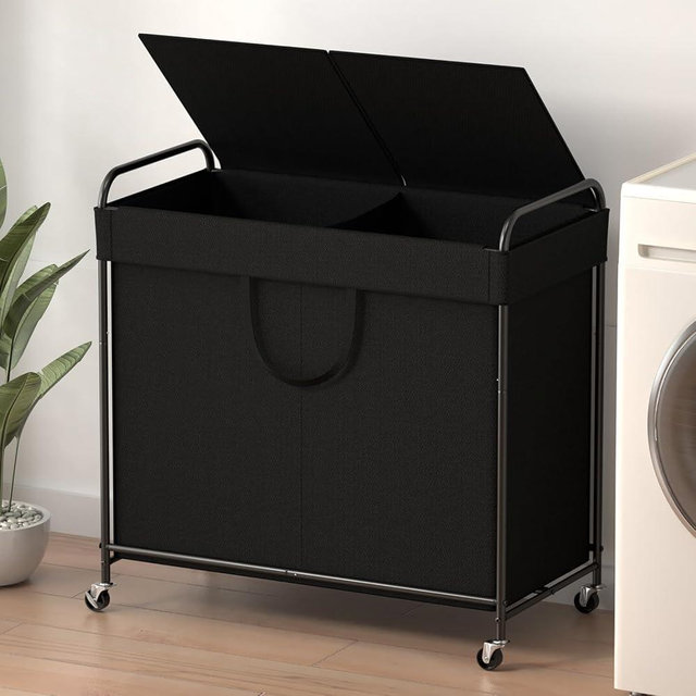 YKDIRECT 120L Large Laundry Hamper, 2 Compartment Laundry Basket with Lid, Removable Bag & Metal Structure with Industrial Wheels, Suitable for Bathroom, Dorm Room, Laundry Room (Black, 120L)