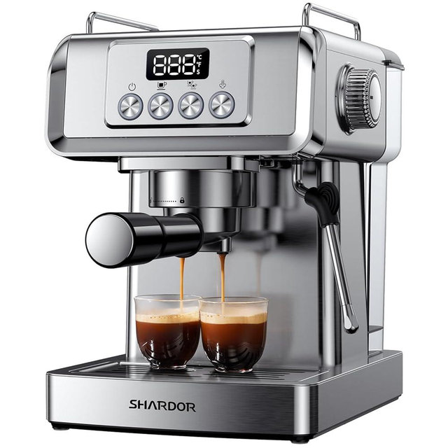 SHARDOR 20-Bar Espresso Machine for Home Barista, Built-In Steam Wand for Latte & Cappuccino, Stainless Steel Coffee Maker with Temp Display, 1350W, 60oz Water Reservoir