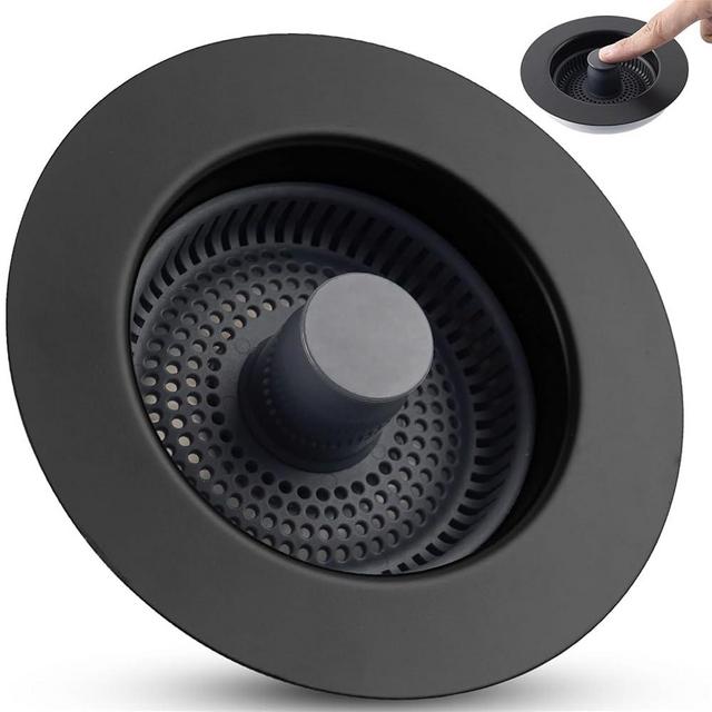 Hygie Rinse 3 in 1 Kitchen Sink Drain Strainer Stopper Combo, Matteblack Stainless Steel Shell Pop Up Sink Stopper for US Standard 3-1/2 inch Drain Filter, Anti-clog and Easy Clean
