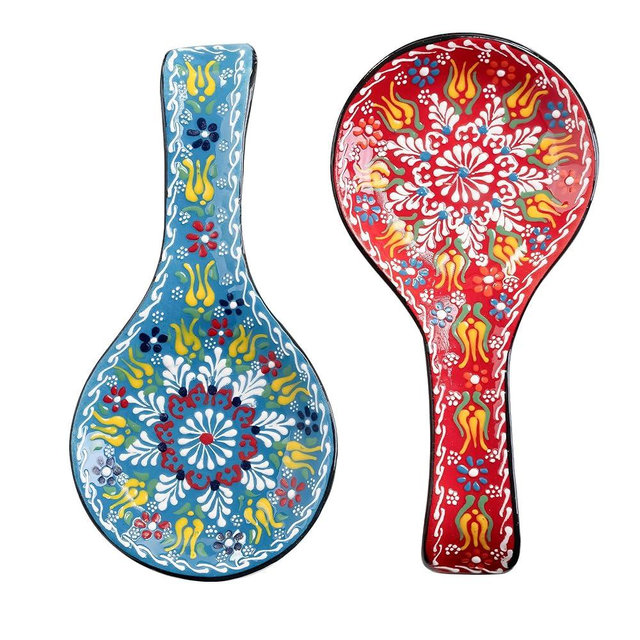 BCS Spoon Rest Set of 2 - Ceramic Spoon Holder for Stovetop & Kitchen Counter - Dishwasher Safe Handmade Kitchen Utensil (Blue-Red 4.5” W x 9" L)