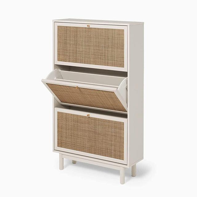 mopio Hannah Shoe Cabinet, Natural Rattan Farmhouse Shoe Organizer, Shoe Storage, Closet Shoe Rack for Entryway, with Spacious Storage Cabinet, Shelves, Sturdy Solid Wood Legs (Whitewash)