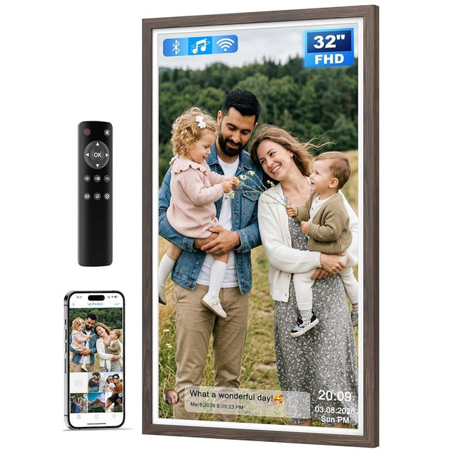 Arktronic 32" Large Digital Picture Frame, 64GB, Anti-Glare Non-Touch, WiFi Wall-Mount Frame for Home/Business, 1920x1080 FHD, Share via App, Email, USB & Micro SD, Remote Included, Dark Wood Pattern