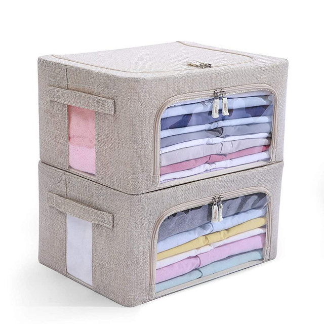 Clothes Storage Bins Box - Linen Fabric Foldable Stackable Container Organizer Set with Clear Window & Carry Handles & Metal Frame - 2Pack Large Capacity for Bedding, Blankets, Toys, Books