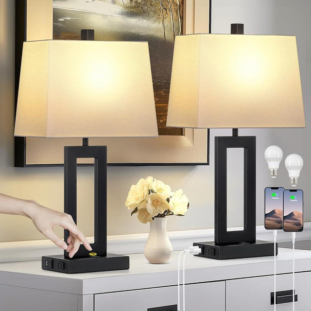 Cinkeda Table Lamp Set of 2 with USB C+A Ports & AC Outlet, Bedside Lamps, Modern Bedroom Lamps, Black Lamps for Night Stands Bedroom Living Room,Nightstand Lamp