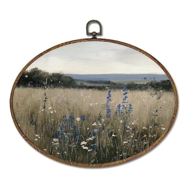 LKETW Vintage Wildflower Field Oval Wall Art Decor, Cottagecore Country Flower Landscape Oval Canvas Hanging Decor, Farmhouse Rustic Floral Wall Decorations for Home Living Room Bedroom, 8.6x11.4 Inch
