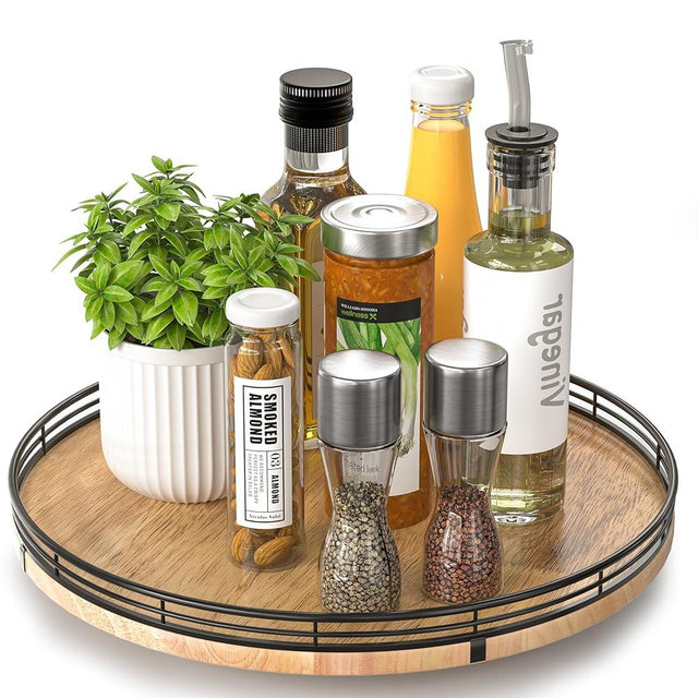 13" Lazy Susan Oak Wood Turntable Organizer for Cabinet, Farmhouse Round Wooden Lazy Susan Organization and Storage for Dining Table, Pantry, Kitchen, Bathroom, Countertop, Cupboard, Home Decor