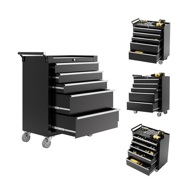 Rolling Tool Chest with Wheels, 5 Drawer Tool Storage Cabinet, Portable Toolbox Organizer with Lock, Heavy Duty Tool Chest Cart for Garage, Mechanic, Workshop, Shop, Mobile Tool Organizer, Black