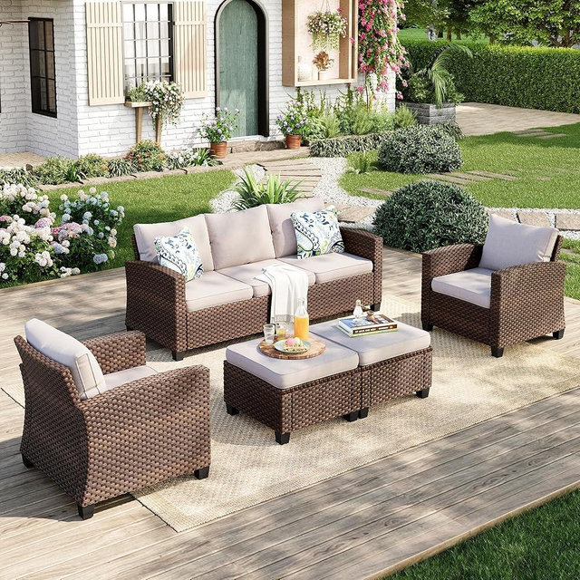 MIXPATIO Patio Furniture Set, 5 Pcs Wicker Rattan Outdoor Conversation Set, 2 x Leg Chairs, 1 x 3 Seater Sofa and 2 x Ottoman with 4" Thick Cushion, Beige