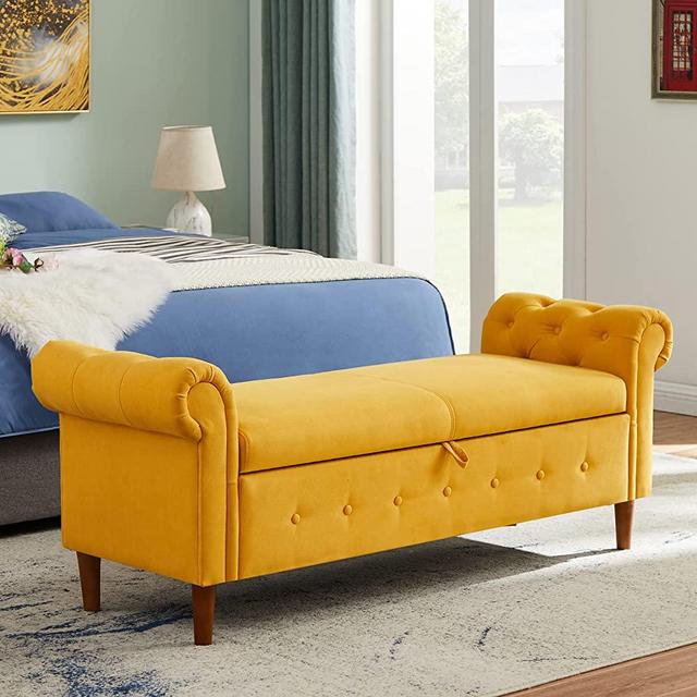 AOOWOW Storage Bench for Bedroom End of Bed Rolled Armed Linen Fabric Ottoman Couch Long Bench Window Sitting Fireplace Toy Storage Bench, Yellow