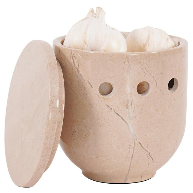 SPESHSTONES Marble Garlic Keeper for Counter 4.5 Inch Beige Handmade Garlic Holder for Fresh Garlic Cloves, Storage Container for Gifts, Garlic Saver for Kitchen Countertop Decor