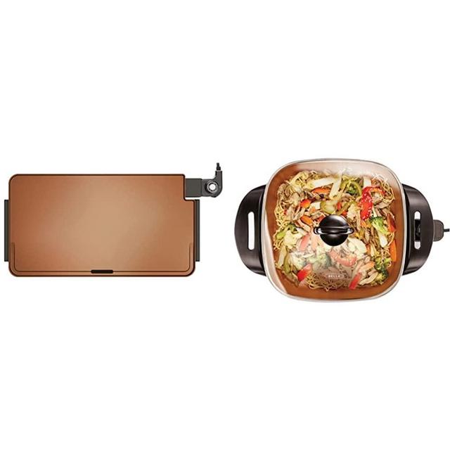 BELLA XL Electric Ceramic Titanium Griddle, 12" x 22", Copper/Black & Electric Ceramic Titanium Skillet, Roast, Fry and Steam, Healthy-Eco Non-stick Coating, 12" x 12", Copper/Black