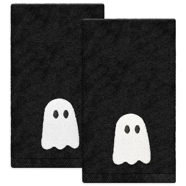 JarThenaAMCS 2 Pack Halloween Hand Embroidered Black White Ghost Cotton Dish Towel for Bathroom Hand Drying Kitchen Cleaning Towel Gift Set, 29.5 x 13.7 Inch