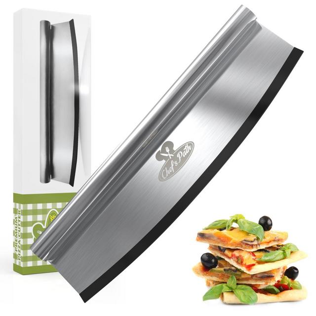 BEST PIZZA CUTTER ROCKER KNIFE - Heavy Duty Slicer Sharp Blade - With Protective Cover / Holder / Sheath - 14 Inch - Easily Cut Pizza Slices In Seconds, Dishwasher Safe & Bonus Ebook