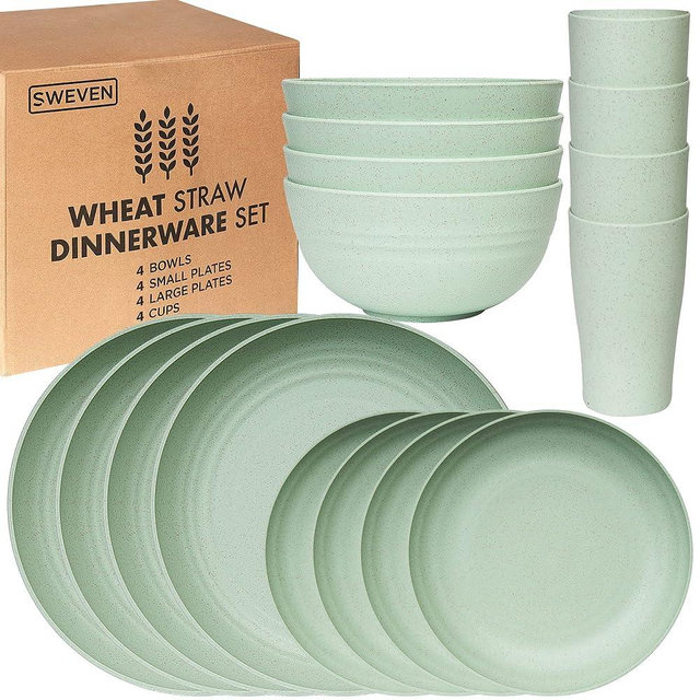 Wheat Straw Dinnerware Sets | Unbreakable Dinnerware Sets | Dishwasher Microwave Safe Dinnerware | Eco Friendly Non Breakable Dinnerware Sets | RV Outdoor Camping (Green, Service for 4 (16 pcs))