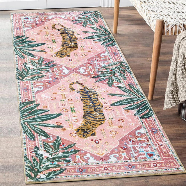 Aldopein Oriental Tropical Kitchen Runner Rug 2x5 Washable, Thin Stain Resistant Pink Boho Bathroom Runner Rug for Hallway Entryway Bedroom Laundry, Vintage Abstract Hippie Botanical Long Carpet