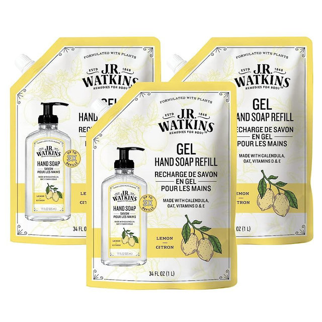 J.R. Watkins Gel Hand Soap Refill, Moisturizing Hand Wash, All Natural, Alcohol-Free, Cruelty-Free, USA Made, Lemon, 34 Fl Oz, 3 Pack