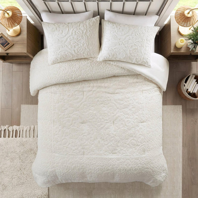 Madison Park 3pc King/California King Tamar Tufted Woven Comforter Set Ivory: Microfiber, Hypoallergenic, Shabby Chic Style