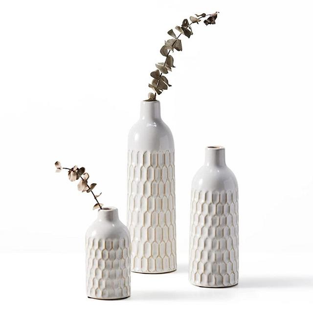 Mokof Farmhouse White Ceramic Vases Set of 3 - Small Decorative Flower Vases for Home Decor, Table and Mantle Decorations