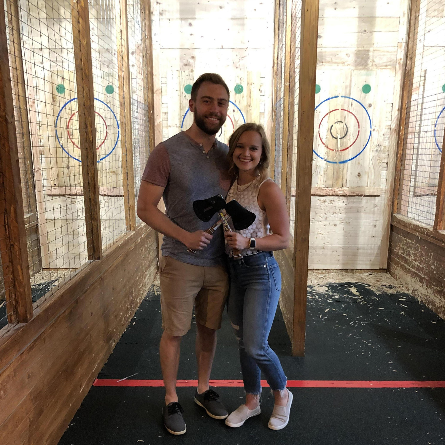 Axe throwing for Andrew's birthday. He may have won the competition for us
