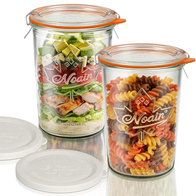 Wide Mouth Canning Jars 27 oz - 2 Pack Sourdough Starter Jars with Glass Airtight Lids & Plastic Lids, Large Glass Canisters with 2 Measurement Marks for Food Storage, Fermenting, Pickling, Meal Prep