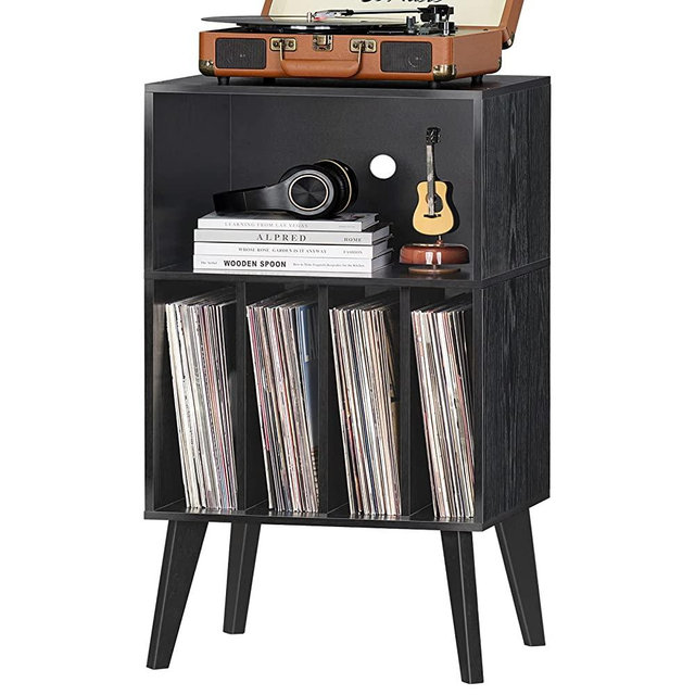Lerliuo Record Player Stand, Black Turntable Stand Holds up to 160 Albums, Mid-Century Vinyl Storage Cabinet Table with Solid Wood Legs, Record Player Holder Dispaly Shelf for Bedroom Living Room