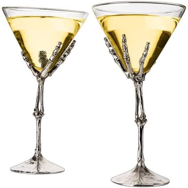 The Wine Savant Stemmed Skeleton Martini Glasses Set of 2 Skeleton Hand Glasses 9" H, Goth Gifts, Skeleton Gifts Decor, Spooky Cocktails, Water or Martini Gift Set, Wine Skeletons Glasses