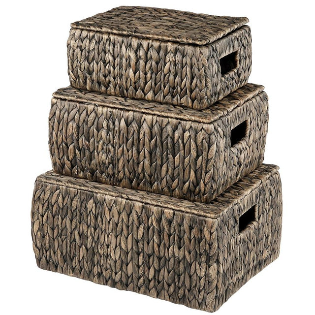 Set of 3 Black Wicker Baskets with Lid - Black Baskets for Organizing, Storage