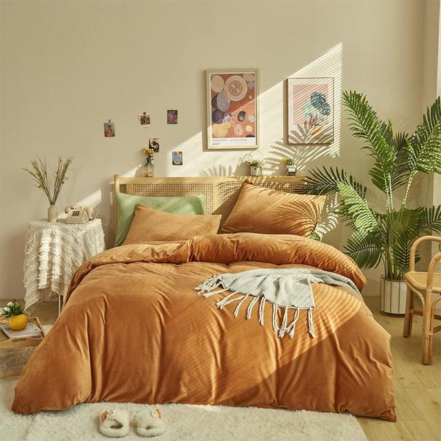 Wellboo Pumpkin Velvet Duvet Cover Queen Size Women Men Burnt Orange Fluffy Bedding Cover Modern Solid Light Caramel Flannel Quilt Covers Plain Cinnamon Micromink Sherpa Fuzzy Comforter Covers Plush