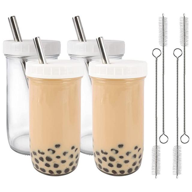 Reusable Bubble Tea Cup 4 Pack 24Oz, Iced Coffee Cups Wide Mouth Smoothie Boba Cup with Lid, Silver Straws, Clean Brush, Mason Jars Glass Cups, Travel Drinking Bottle BPA Free