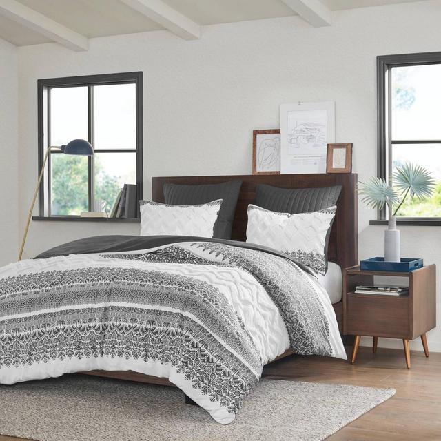 3pc Full/Queen Mila Cotton Duvet Cover Set with Chenille Tufting Gray - Ink+Ivy