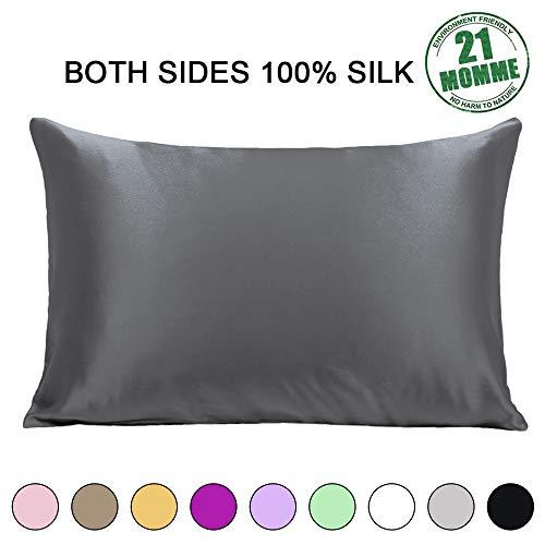 Ravmix 100% Pure Natural Silk Pillowcase for Hair and Skin with Hidden Zipper Standard Size 21 Momme 600TC Hypoallergenic Soft Breathable Both Sides Silk, 20×26inches, 1PCS, Space Gray