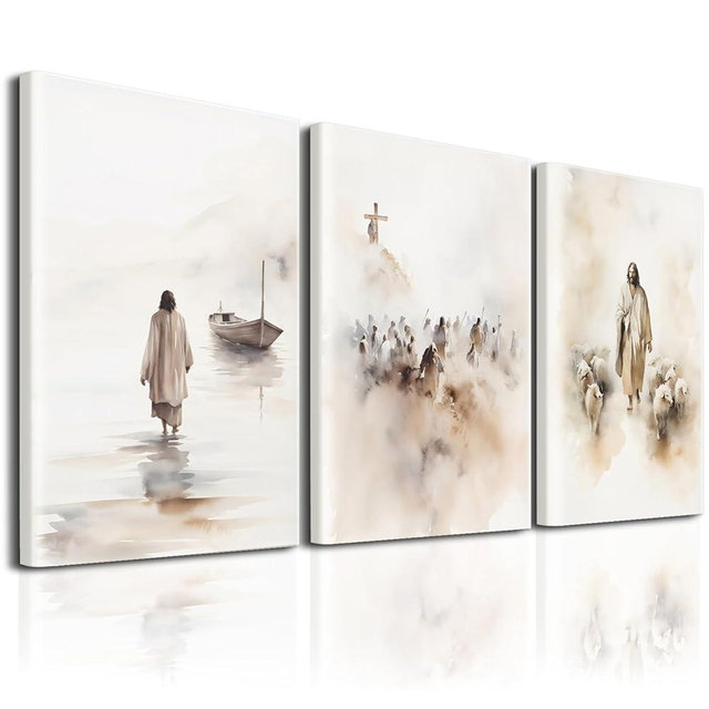 Christian Wall Art - Jesus Decor: 3 Pcs Jesus Wall Art, Christ Religion Canvas Wall Decor, Boho Art Home Pictures Posters Prints Paintings for Living Room, Bedroom, Church Decorations (12x16in Framed)