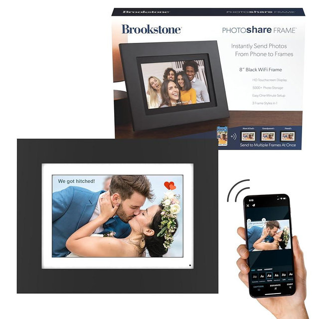 Brookstone 8” WiFi Digital Photo Frame | Send Photo or Video from Phone to Digital Picture Frame with Free PhotoShare Frame v2 app | End-to-End Encryption | Quick Easy Setup | Black Wood