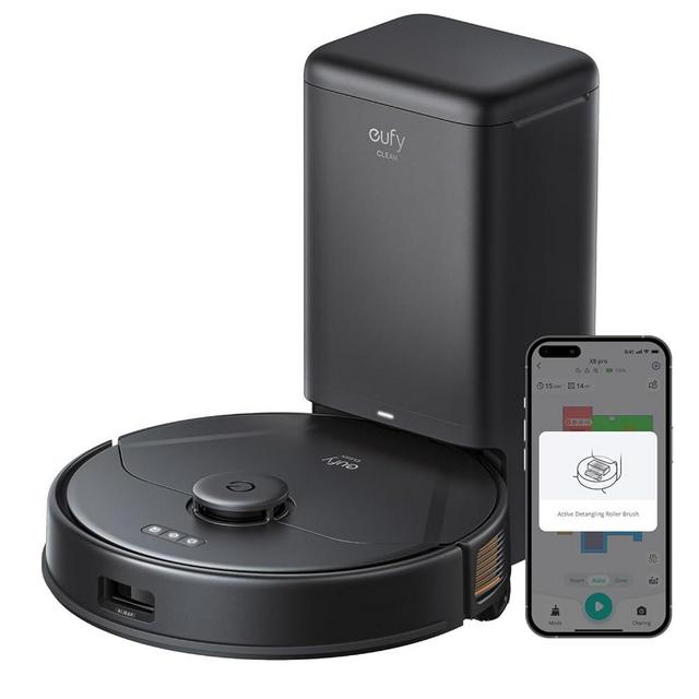 eufy Clean X8 Pro Robotic Vacuum Self-Empty Station, Twin-Turbine 2× 4,000 Pa Powerful Suction, Active Detangling Roller Brush, and iPath Laser Navigation for Pet Hair Deep Cleaning on Carpet