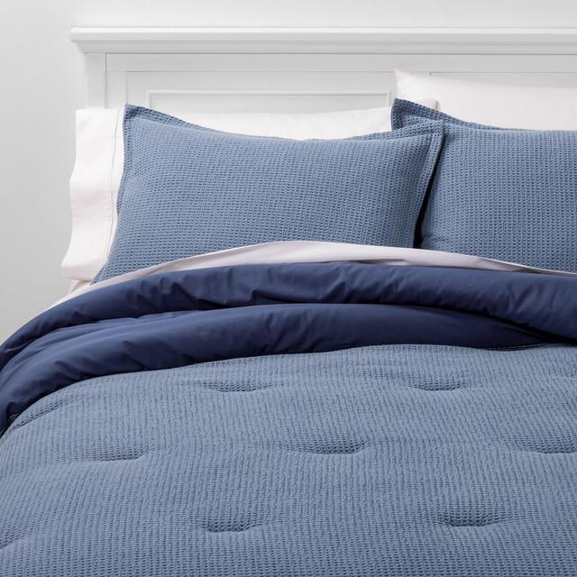 Full/Queen Washed Waffle Weave Comforter & Sham Set Blue - Threshold™