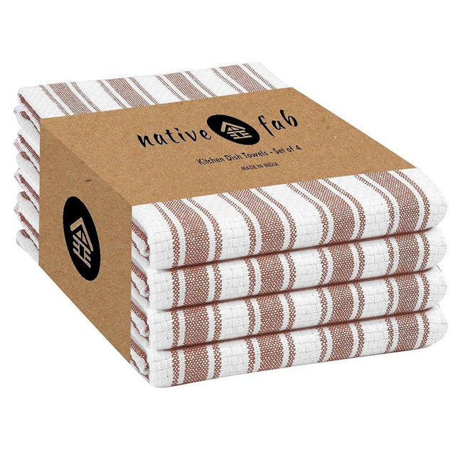 Native Fab Stripe Kitchen Towels - 100% Cotton - 4 Pack - 16"x26" - Striped Tea Towel, Dish Cloths for Drying Dishes, Absorbent, Quick Dry Towels Set with Hanging Loop - Rust