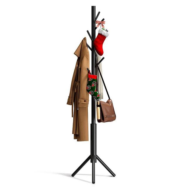 Bamboo Coat Rack Freestanding Adjustable Coat Tree with 3 Sections & 8 Hooks Easy to Assemble Coat Hanger Stand for Bedroom Office Hallway Entryway Bedroom Natural Wooden Black Coat Rack