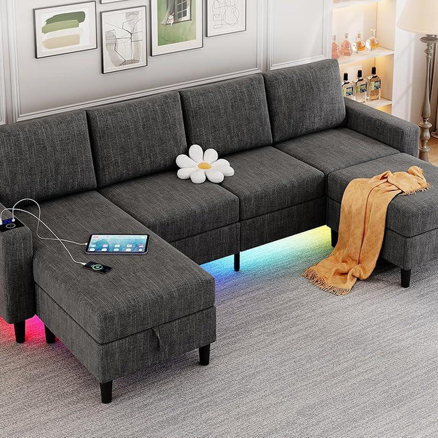 HYZQ Sectional Couches for Living Room, 4 Seat Linen Sectional Sofa with Reversible Chaise Lounge/Storage Ottoman, U Shaped Couch with Smart Module-Wireless Charging/USB/Type-C/RGB Light (Dark Grey)