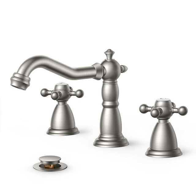 FORIOUS Brushed Nickel 3 Hole Bathroom Sink Faucets 2 Cross Handles, 8 Inch Widespread Antique Brass Viantage Bathroom Faucet for RV Vanity Farmhouse with Metal Pop Up Drain and Supply Lines