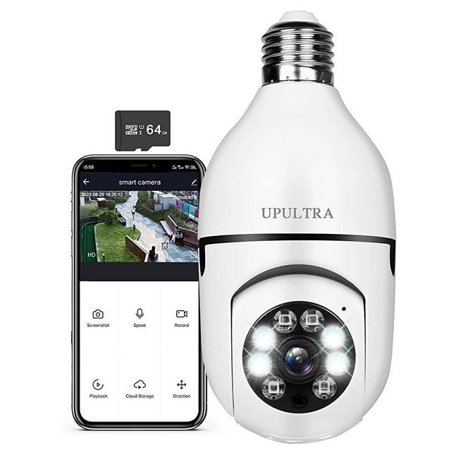 Light Bulb Security Camera Wireless 1080P, PTZ E27 360 Degree Panoramic Wireless Connector with WiFi,Smart Motion Detection and Alarm,Two Way Audio,Night Vision, Remote Viewing with 64GB Memory Card