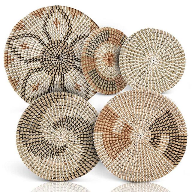 Woven Wall Décor Basket Set – Five Hanging Seagrass Baskets Wall Décor | Décor for Boho Wall Art | Bohemian Décor Wall Art | Farmhouse Wall Decor | African Décor | Rustic Décor | Fruit Bowl